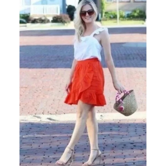 J Crew Womens 100% Linen Ruffle Mini Skirt 2 Orange Preppy Feminine A Line - Picture 2 of 10